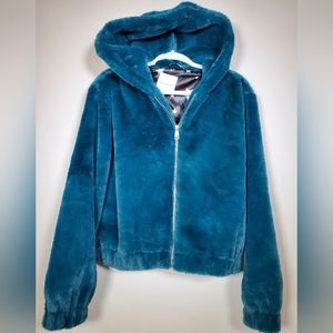 NWT Avec Les Filles Faux Fur Hoodie Coat Jacket in Dark Teal 69355 Women's Sz M